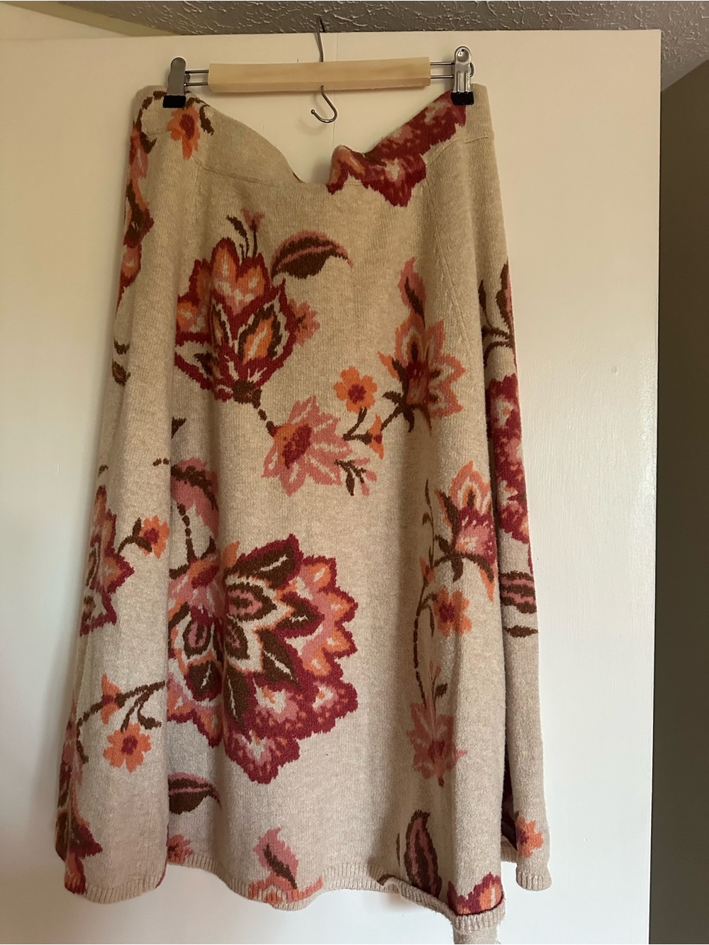 LC Lauren Conrad Beige Midi Skirt with Pink and Rust Floral Pattern